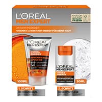 L'Oréal Men Expert Pflege-Set mit Gel und Creme in orange-weißer Verpackung, Vitamin C und Non-Stop Energy für die Haut.