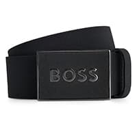 Schwarzer Gürtel mit rechteckiger Schnalle und geprägtem Schriftzug "BOSS"