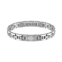 Silbernes Armband mit rechteckigen Gliedern und graviertem Boss-Logo auf der Vorderseite