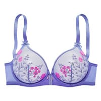 Blauer BH mit rosa Blumenstickerei auf transparenten Körbchen