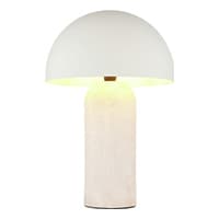 Moderne Tischlampe mit weißem, halbrundem Schirm und zylindrischem Sockel.