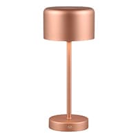 Moderne Tischlampe in Kupferfarbe mit rundem Schirm und schlankem Standfuß.