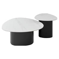 Zwei moderne Beistelltische mit weißen ovalen Platten und schwarzen zylindrischen Sockeln.