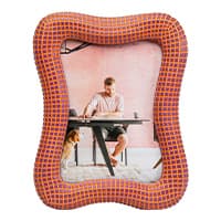 Person sitzt an einem Schreibtisch, Hund daneben, in einem orange-lila karierten Rahmen.