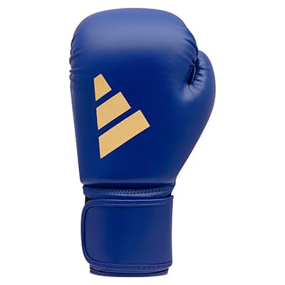 Blaue Boxhandschuhe mit goldfarbenem Logo und Klettverschluss