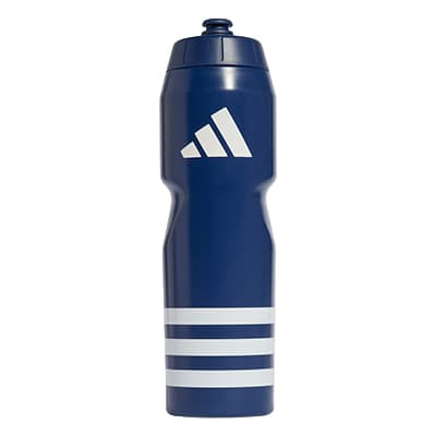Blaue Wasserflasche mit weißem Logo und drei weißen Streifen am unteren Rand