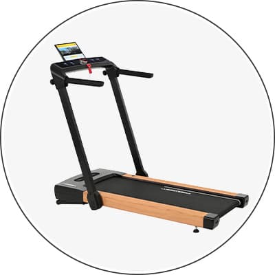 Laufband mit Bildschirm für Trainingsvideos, schwarzes Design mit Holzdetails