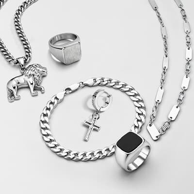 Silberne Schmuckstücke, darunter Ketten, Ringe und Armband mit Löwen- und Kreuzanhängern, auf hellem Hintergrund.