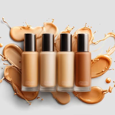Vier Flaschen Foundation in verschiedenen Hauttönen, umgeben von gespritzter Flüssigkeit