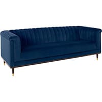 Dunkelblaues Sofa mit geripptem Rücken und schmalen Metallbeinen.