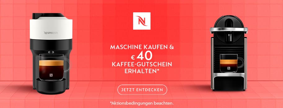 Maschine kaufen & €40 Kaffee-Gutschein erhalten – zwei Nespresso-Kaffeemaschinen auf rotem Hintergrund