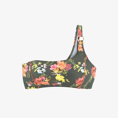 Ein asymmetrisches Bikini-Oberteil mit buntem Blumenmuster auf dunkelgrünem Hintergrund.