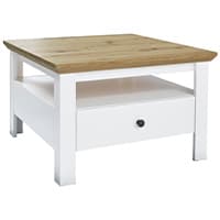 Quadratischer Couchtisch mit weißem Gestell und Holzplatte, darunter eine Schublade mit schwarzem Knopf.