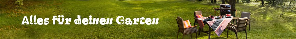 Alles für deinen Garten – Gartenmöbelset mit gedecktem Tisch und Grill im grünen Garten