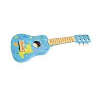 Blaue Kindergitarre mit bunten Tiermotiven und Punkten