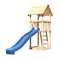 Holzspielturm mit blauer Rutsche und Leiter für Kinder.