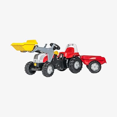 Spielzeugtraktor mit Anhänger und gelber Schaufel.
