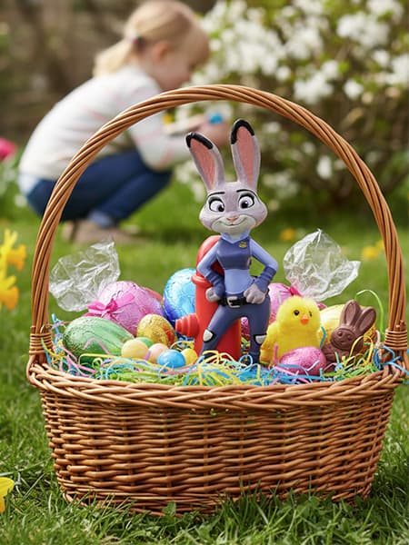 Osterkorb mit Judy-Hopps-Figur, bunten Eiern und Schokoladenhasen. Hintergrund: Kind beim Ostereiersuchen im Garten.