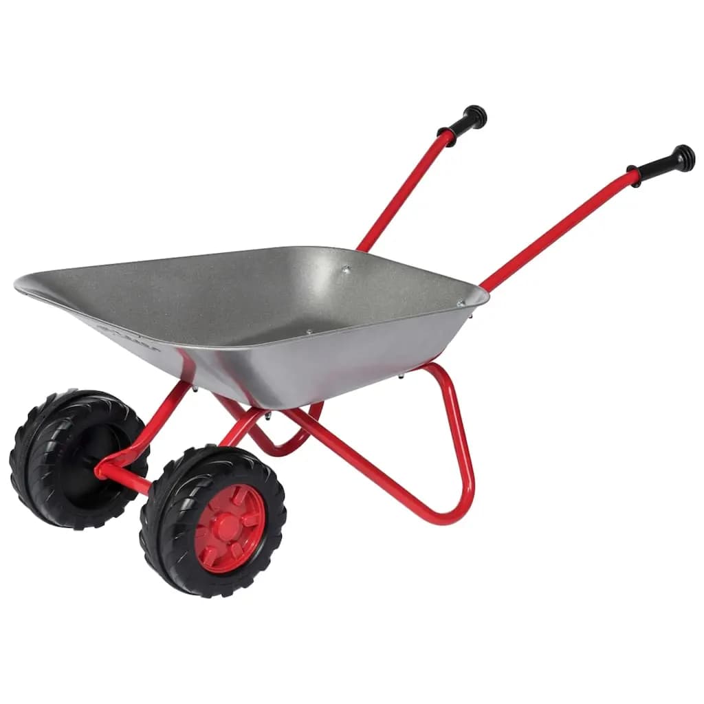 Robuste Schubkarre mit zwei schwarzen Rädern und rotem Rahmen.