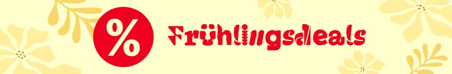 % Frühlingsdeals – Roter Schriftzug auf gelbem Hintergrund mit Blumenmuster