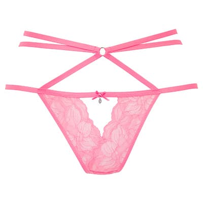 Rosa Spitzen-String mit dekorativen Bändern und kleinem Anhänger vorne.