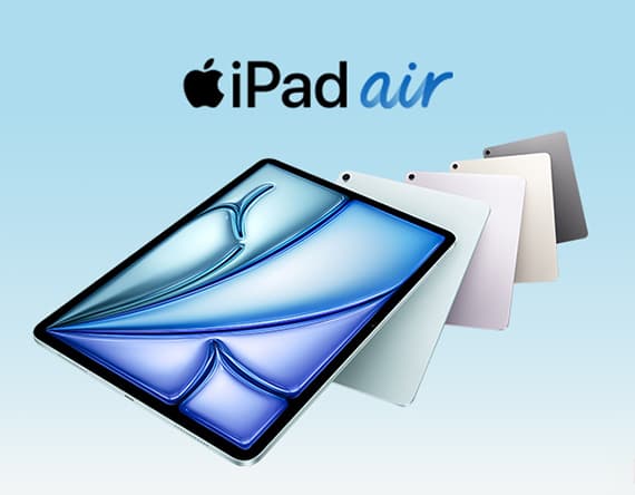 iPad Air – Fünf verschiedene Farben des Tablets auf blauem Hintergrund