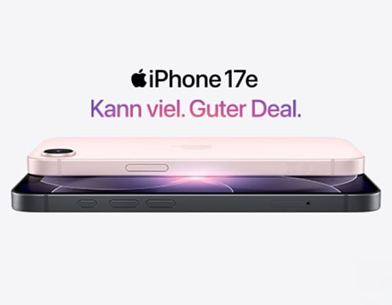 Kann viel. Guter Deal. – Zwei iPhone 17e in Schwarz und Rosa übereinander gestapelt