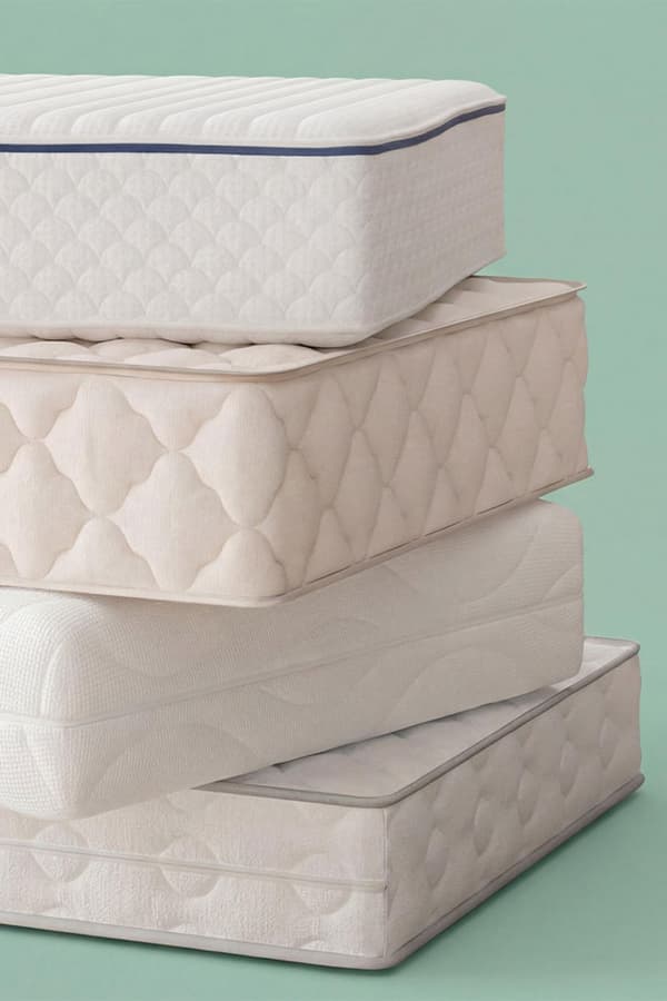 Vier weiße Matratzen übereinander gestapelt vor einem grünen Hintergrund