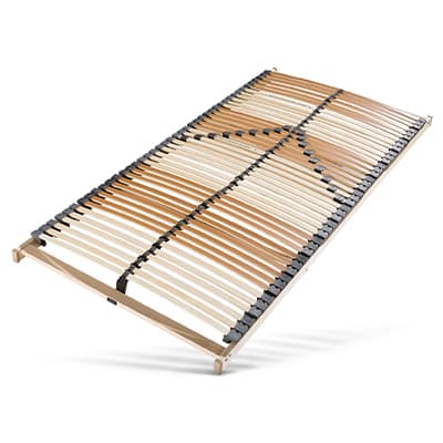 Lattenrost mit gebogenen Holzleisten, schwarzem Mittelteil und verstellbaren Bereichen für besseren Schlafkomfort.