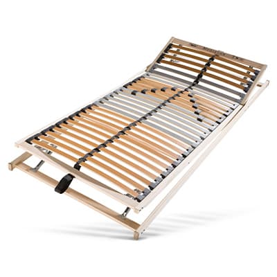 Verstellbarer Lattenrost mit Holzleisten und schwarzem Hebel zum Anheben, seitliche Ansicht.