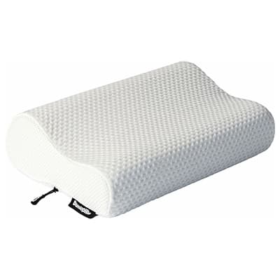 Weißes, ergonomisches Nackenstützkissen mit strukturierter Oberfläche und schwarzem Markenetikett.