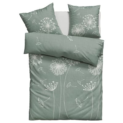 Grüne Bettwäsche mit weißen Pusteblumen-Motiven, bestehend aus einem Bettbezug und zwei Kissen.