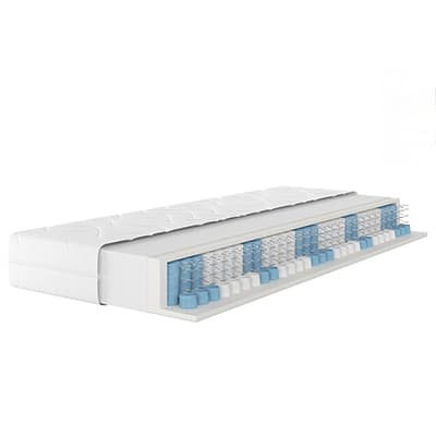 Querschnitt einer Matratze mit blauen und weißen Schaumstoffschichten