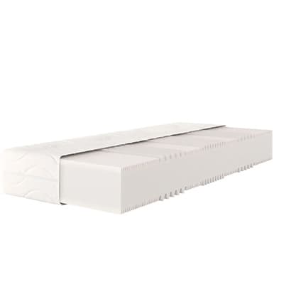 Weiße Matratze mit abnehmbarem Bezug und gestepptem Muster, seitlich liegend.