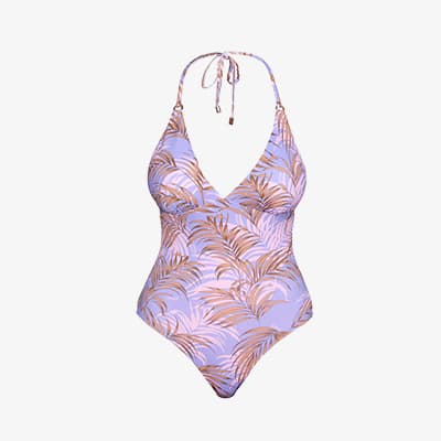 Lila Badeanzug mit braunem Blattmuster, Neckholder-Trägern und tiefem Ausschnitt.