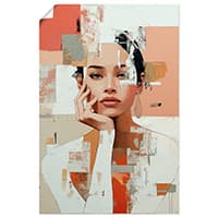 Abstraktes Porträt einer Person, Gesicht und Oberkörper in überlappenden Farbflächen und Formen zusammengesetzt