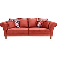 Rotes 3-Sitzer-Sofa mit runden Armlehnen und vier Kissen, zwei davon mit buntem Blumenmuster