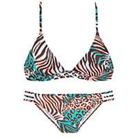 Bikini-Set mit buntem Zebra- und Leopardenmuster auf weißem Hintergrund.