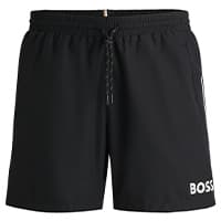 Schwarze Herren-Shorts mit elastischem Bund, Kordelzug vorn und BOSS-Schriftzug am linken Saum
