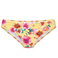 Gelbe Bikinihose mit buntem Blumenmuster in Pink und Orange, frontal vor weißem Hintergrund