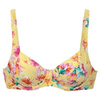 Gelber BH mit buntem Blumenmuster und breiten Trägern, frontal vor weißem Hintergrund