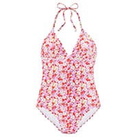Badeanzug mit Neckholder und buntem Blumenmuster auf weißem Hintergrund