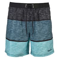 Herren-Badeshorts mit breiten Querstreifen in Schwarz, Dunkelblau und Türkis, vorne mit Kordelzug am Bund