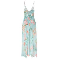 Langes, mintgrünes Trägerkleid mit tiefem Ausschnitt und buntem Blumenmuster vorne und unten