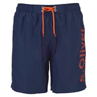 s.Oliver Logo seitlich – kurze dunkelblaue Badeshorts mit orangefarbener Schnürung vorn
