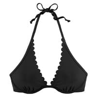 Schwarzes Neckholder-Bikinioberteil mit tiefem Ausschnitt und gewelltem Rand vorne