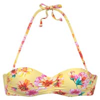 Gelbes Bikini-Oberteil mit buntem Blumenmuster und Nackenträgern