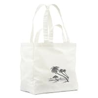 Weiße Tragetasche mit Strandmotiv und Palmen, zwei Tragegriffen