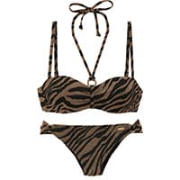 Bikini mit braun-schwarzem Zebramuster, Oberteil mit Trägern und Schleifen hinten.