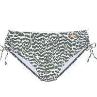 Bikinihose mit grün-weißem Wellenmuster und seitlichen Kordeln vorne freigestellt